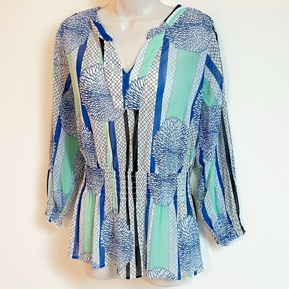 Alfani V Neck Sheer Floral Peplum Long Sleeve Blouse Top Pullover XL Colorful - Picture 3 of 7